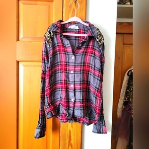 Cloud Chaser Red and Gray Plaid Shirt with Gold Sequin Shoulders Girls L 12/14
